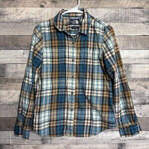North Face Blue Brown Plaid Button Up Womens Sz Medium